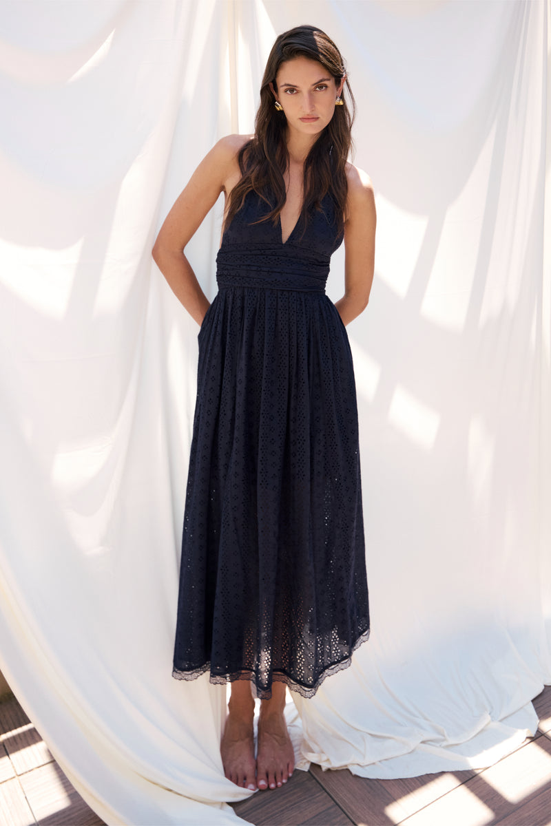 Puna Halter Dress Eyelet - Navy