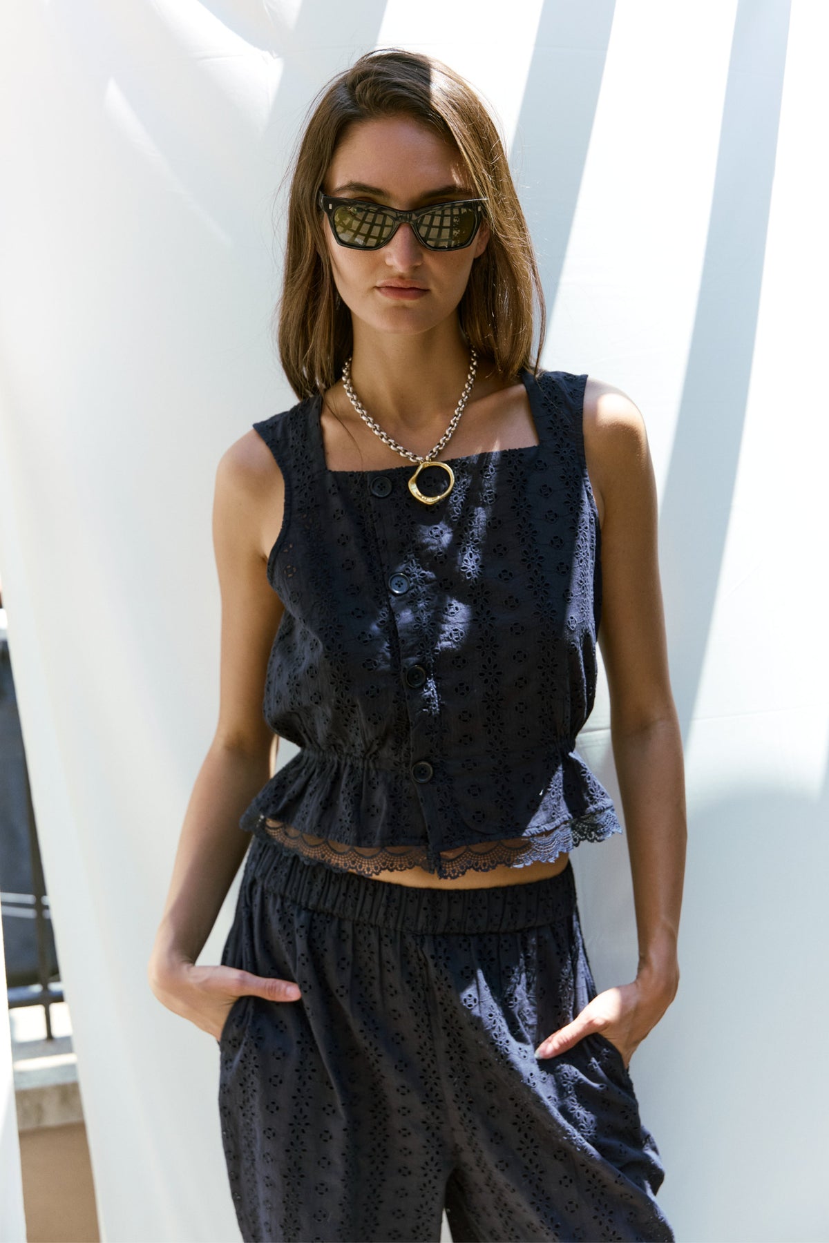 Clo Peplum Top Eyelet - Navy