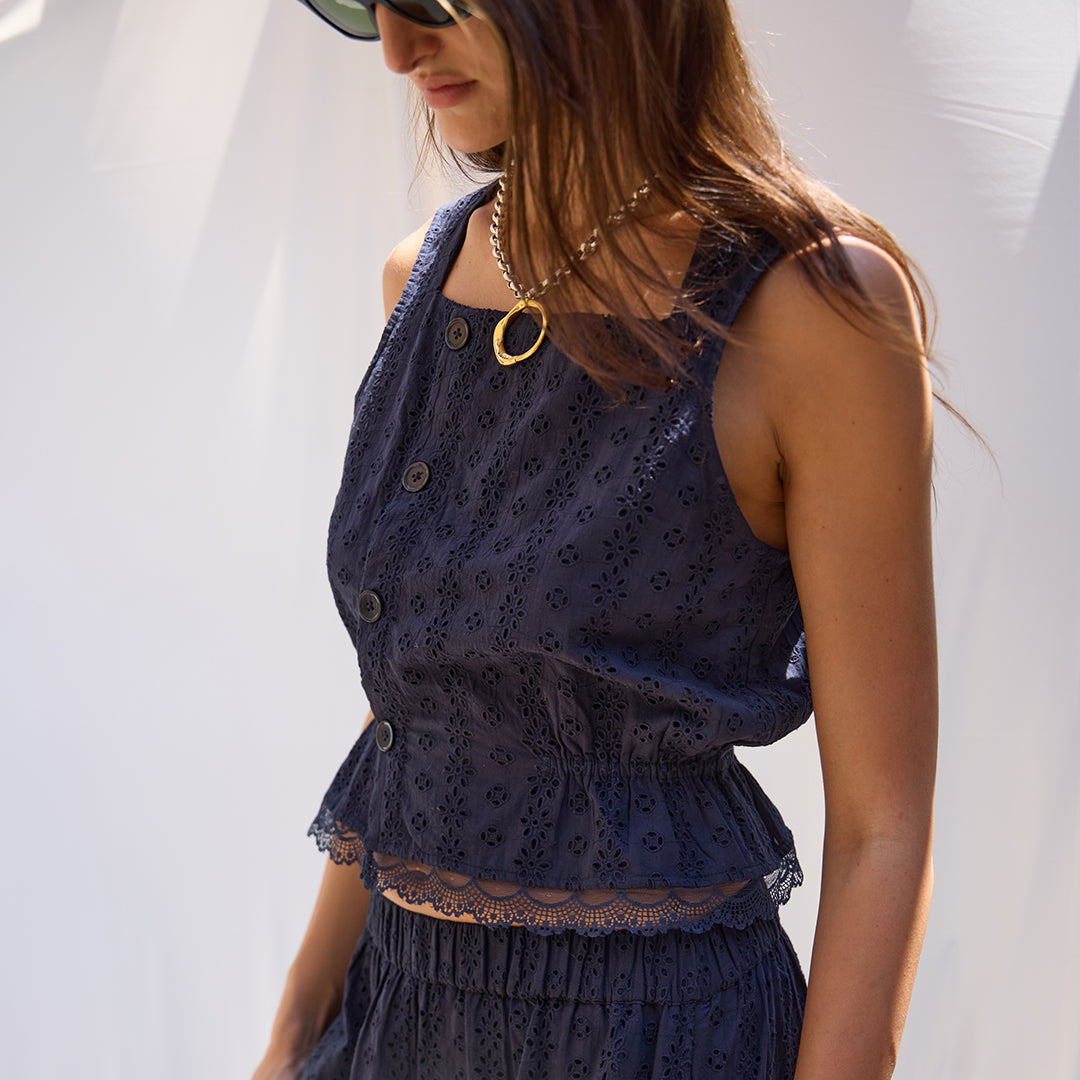 Clo Peplum Top Eyelet – Navy Cotton Eyelet Top – Zandra Stone