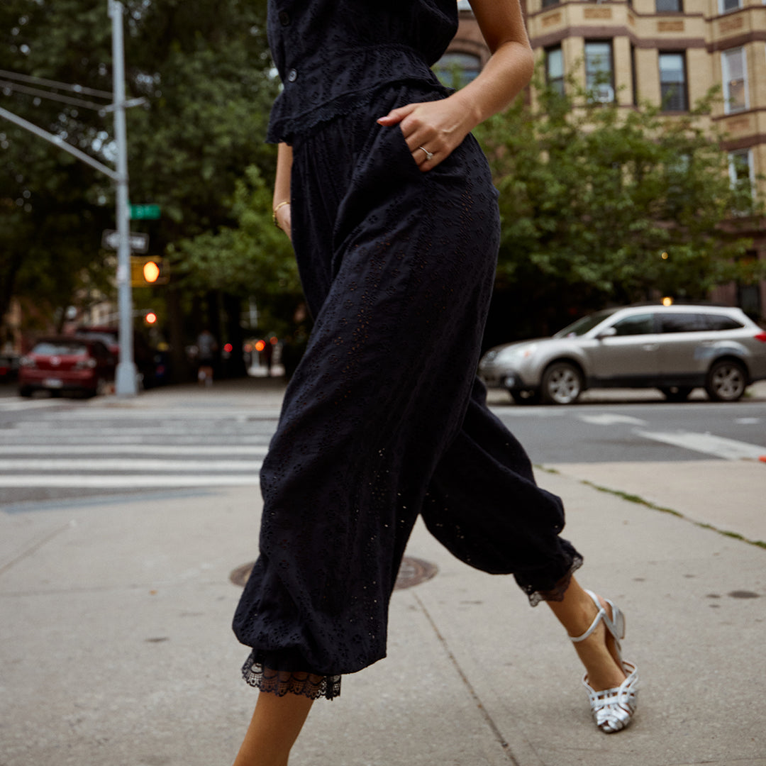 Ethen Balloon Pant Eyelet – Navy Cotton Eyelet Pants – Zandra Stone