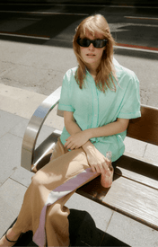 Woman Model in Mocha Pant with Lavender Side Stripe