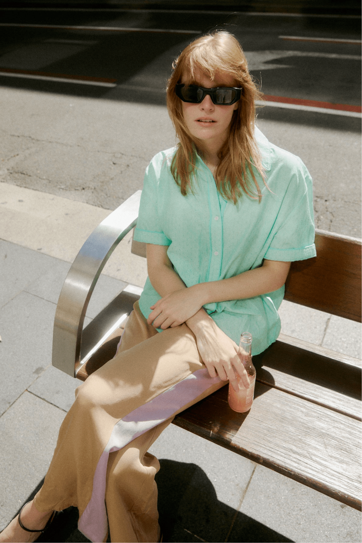 Woman Model in Mocha Pant with Lavender Side Stripe