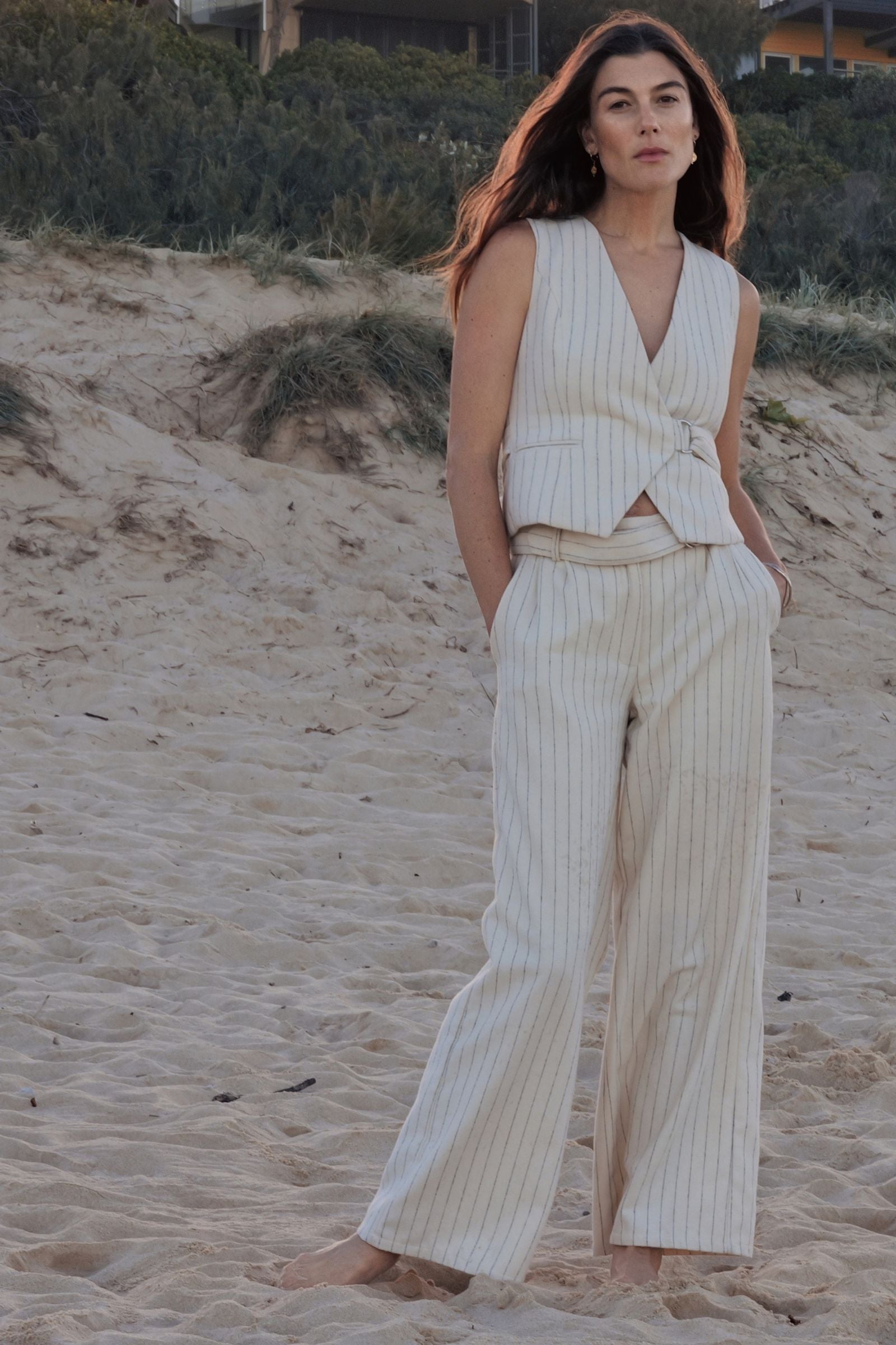 Clarke Belted Stripe Pants – White Stripe – Lifestyle View – Zandra Stone