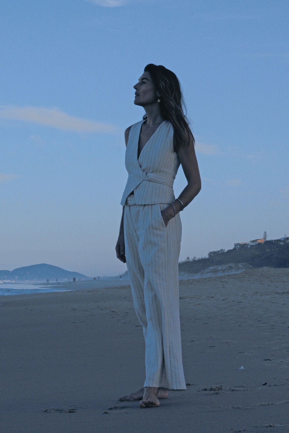 Clarke Belted Stripe Pants – White Stripe – Lifestyle View – Zandra Stone