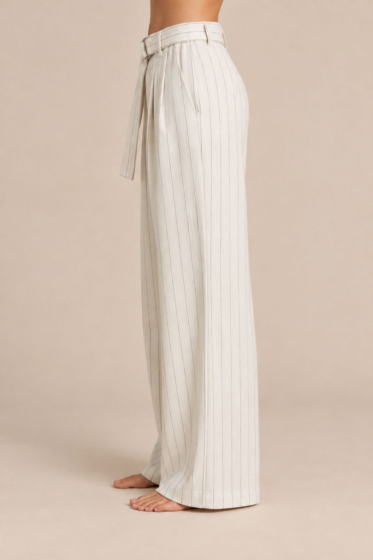 Clarke Belted Stripe Pants – White Stripe – Side View – Zandra Stone