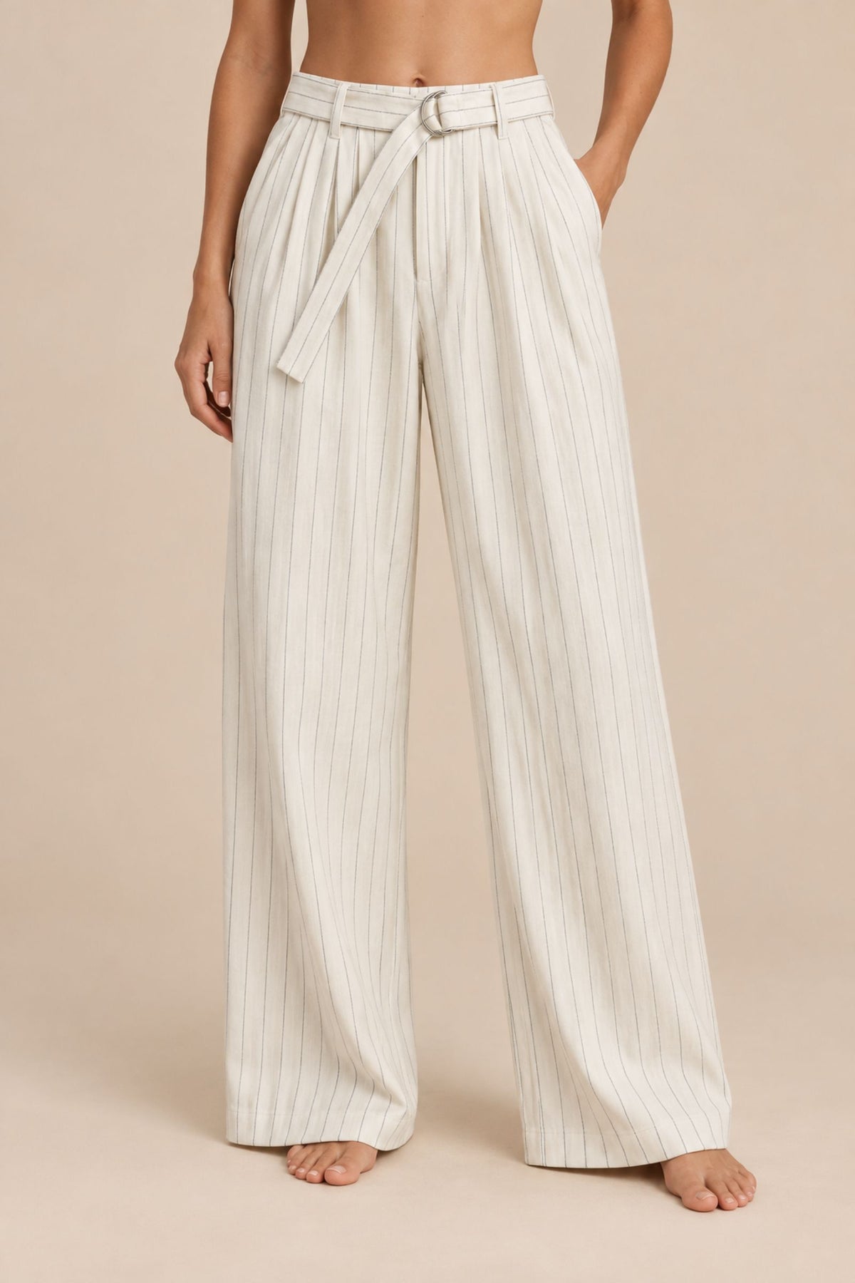 Clarke Belted Stripe Pants – White Stripe – Front View – Zandra Stone