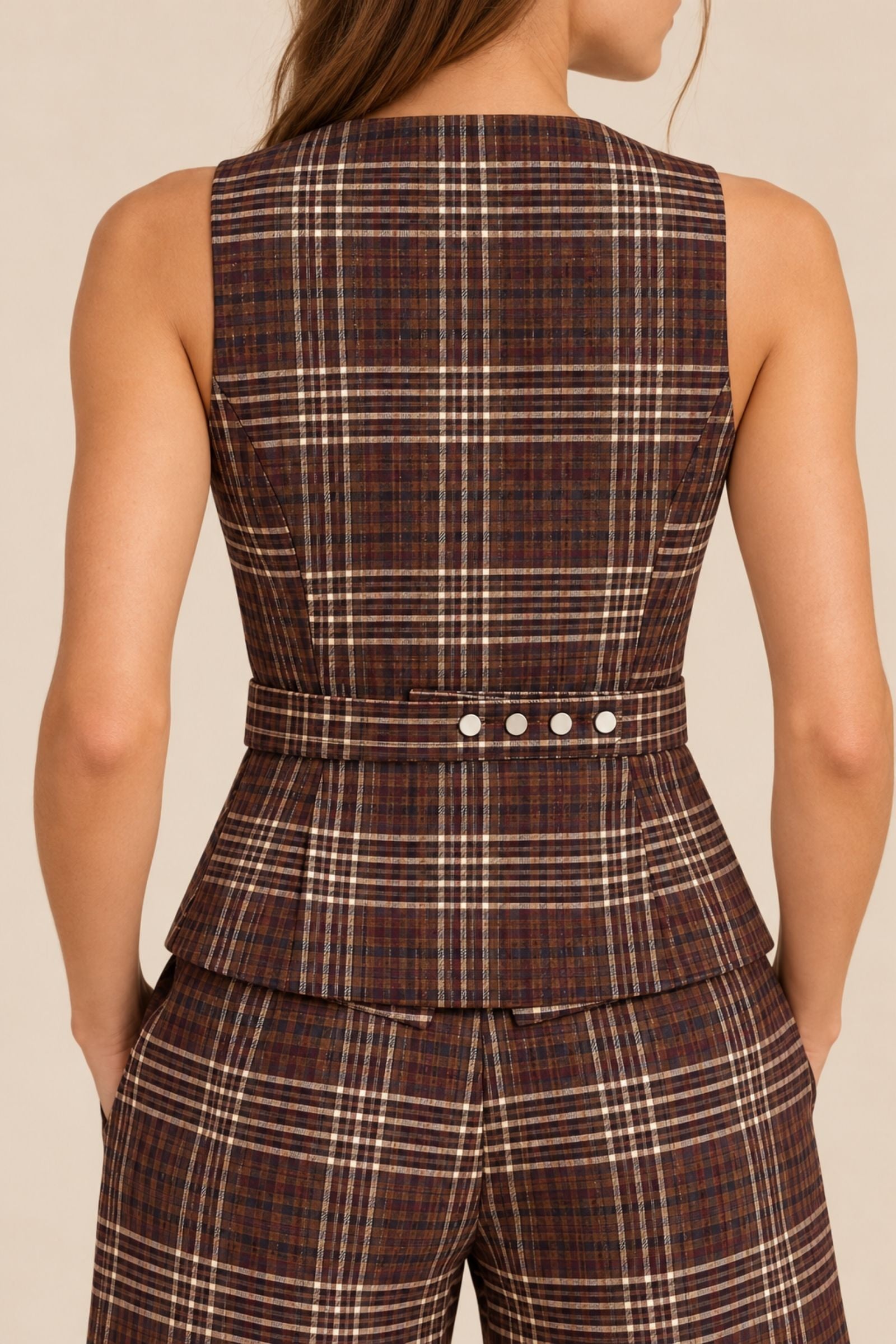 Tullerina Wrap Plaid Vest -Brown Plaid - Back View - Zandra Stone