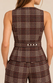 Tullerina Wrap Plaid Vest -Brown Plaid - Back View - Zandra Stone