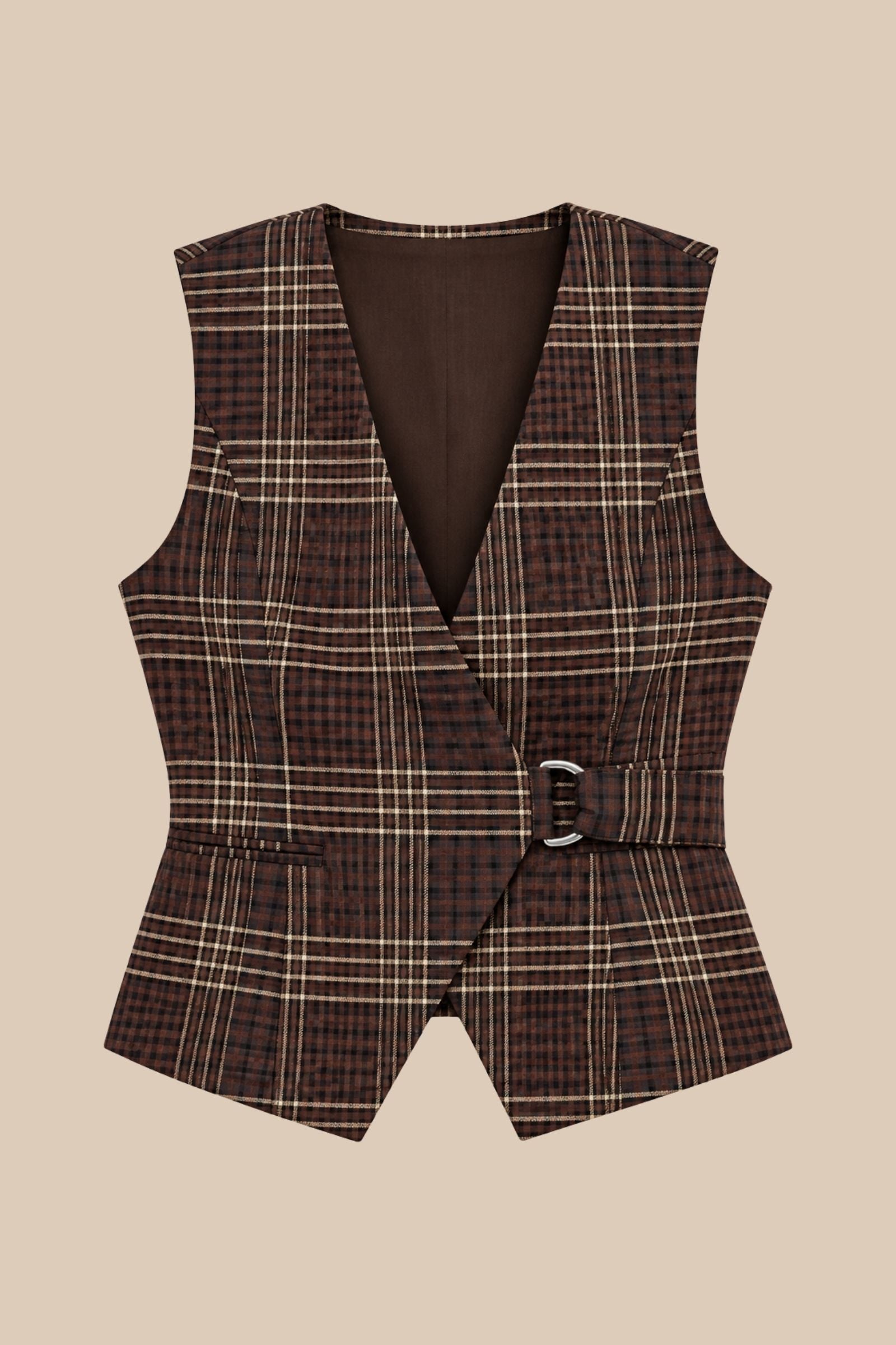 Tullerina Wrap Plaid Vest -Brown Plaid - Flat Lay - Zandra Stone