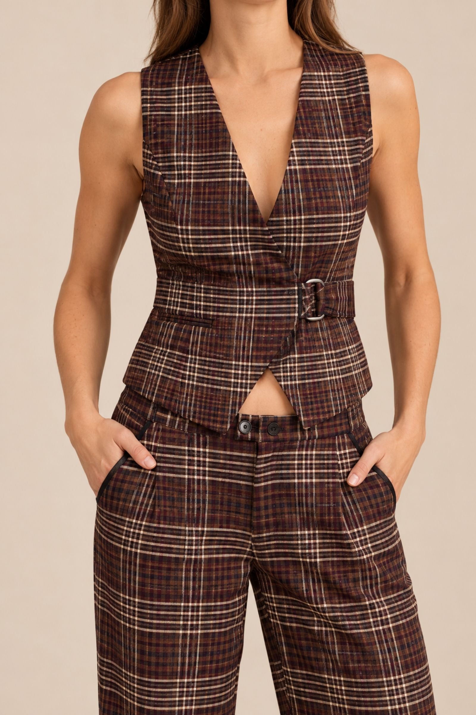 Tullerina Wrap Plaid Vest -Brown Plaid - Front View - Zandra Stone