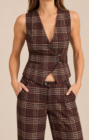 Tullerina Wrap Plaid Vest -Brown Plaid - Front View - Zandra Stone