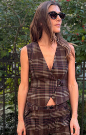 Tullerina Wrap Plaid Vest -Brown Plaid - Lifestyle View - Zandra Stone