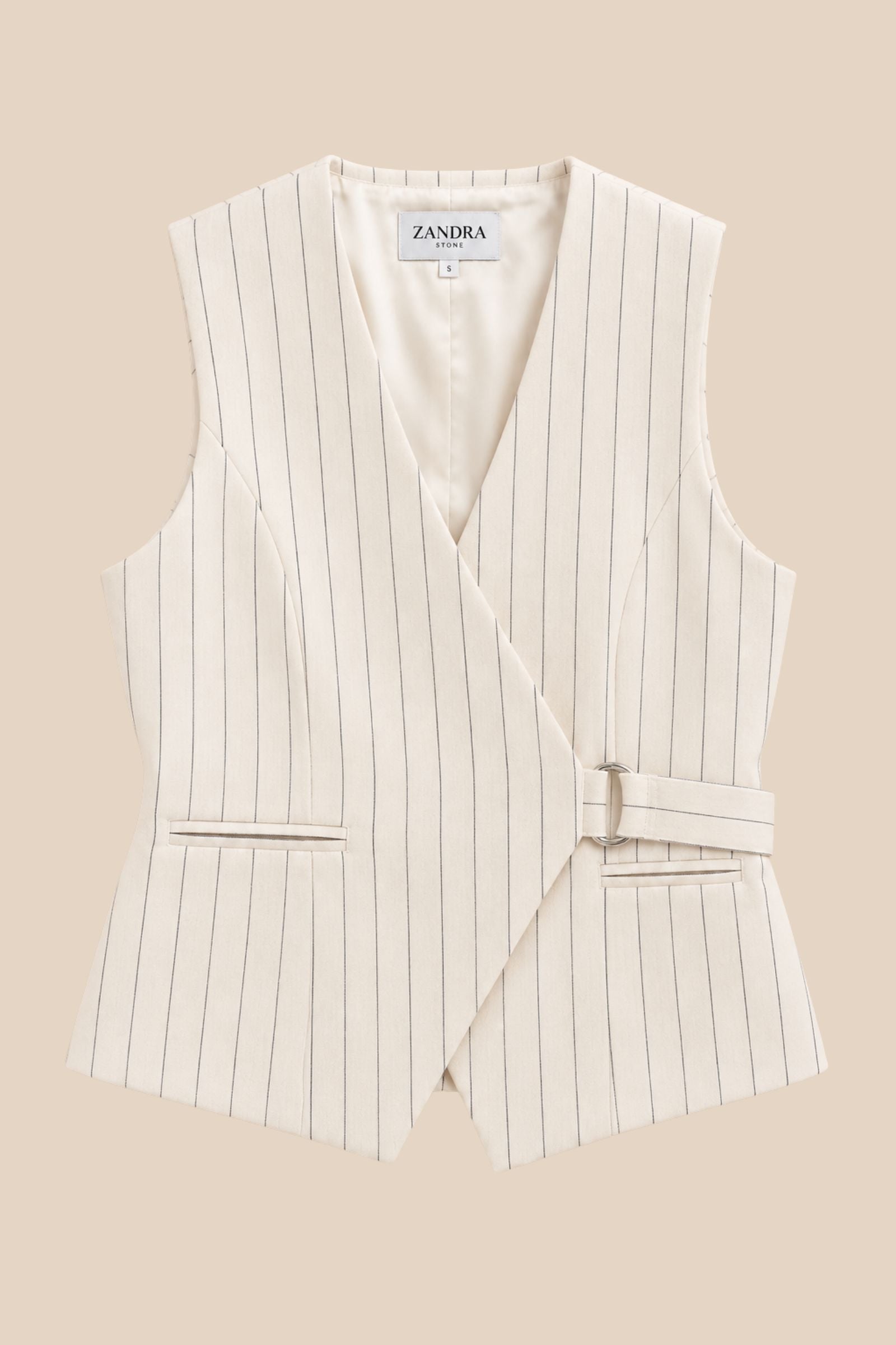 Tullerina Wrap Stripe Vest - White Stripe - Flatlay - Zandra Stone
