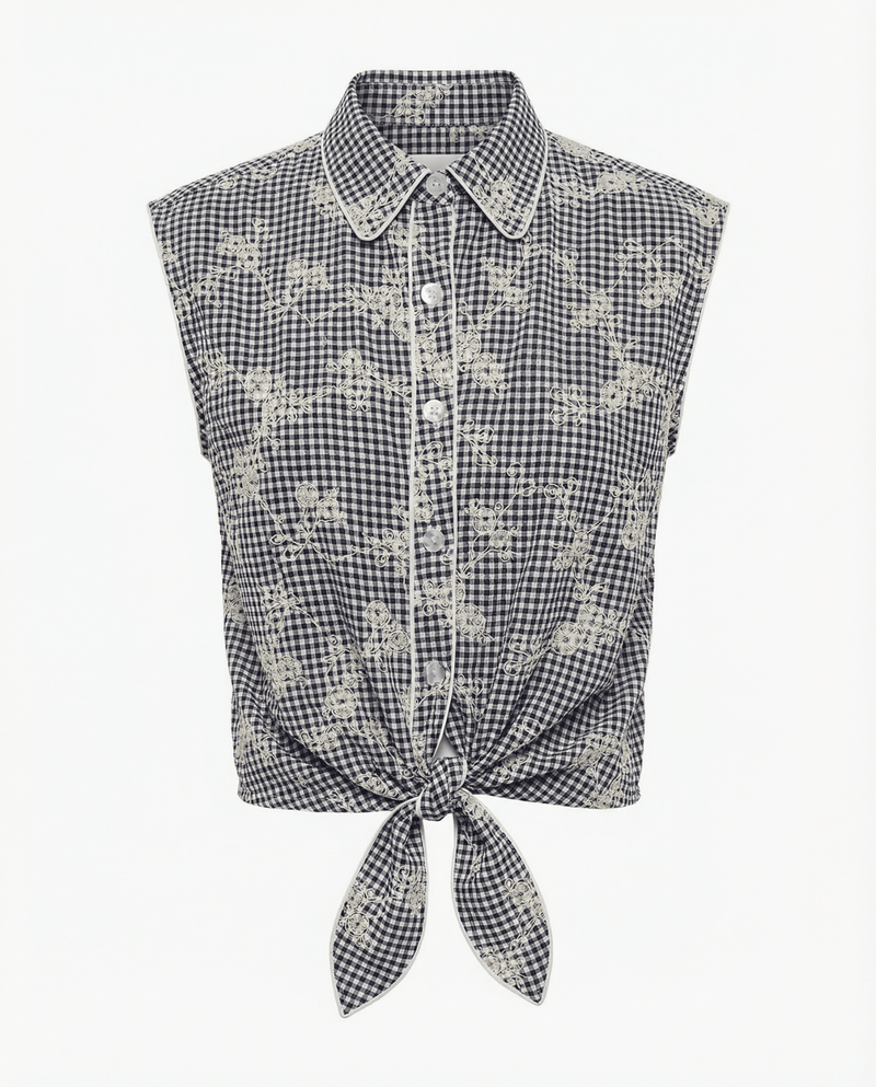 Cisco Sleeveless Wrap Shirt – Black/White Gingham - Zandra Stone