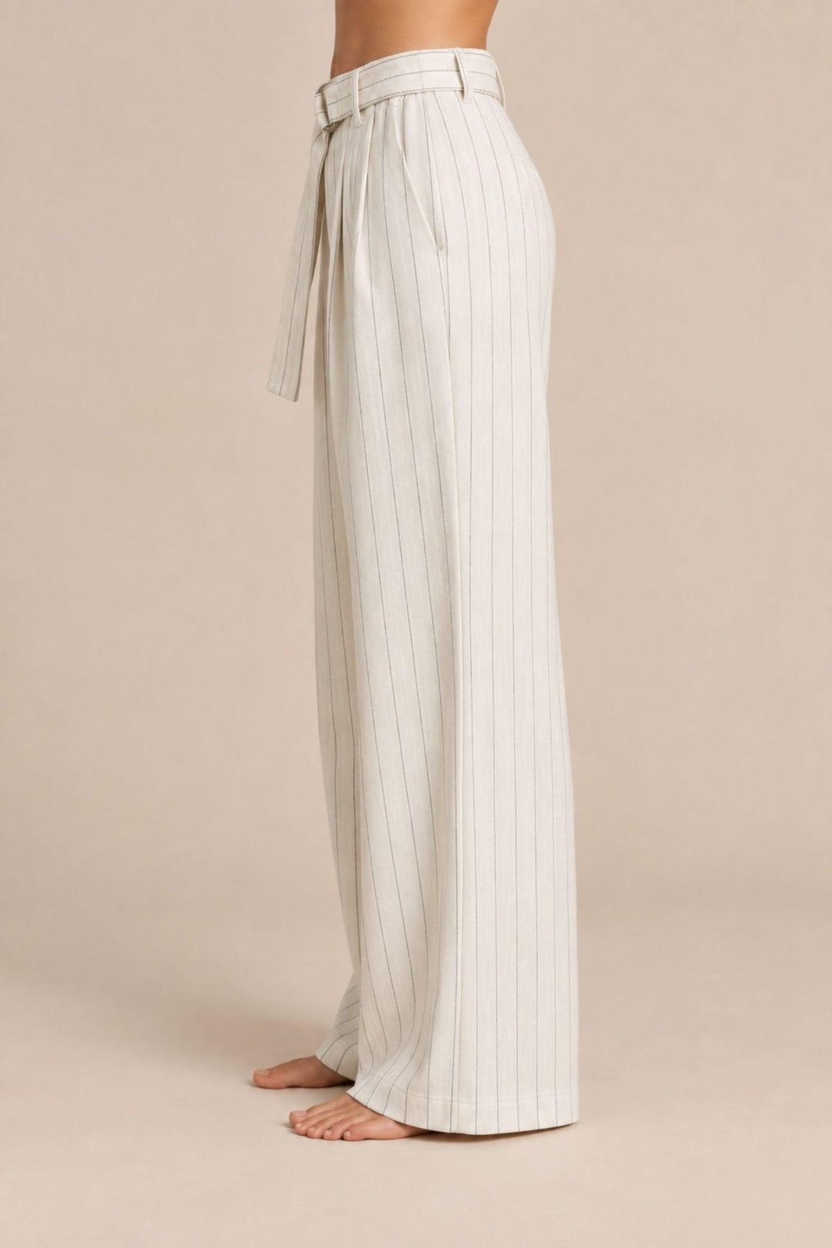Clarke Belted Stripe Pants - White Stripe - Zandra Stone