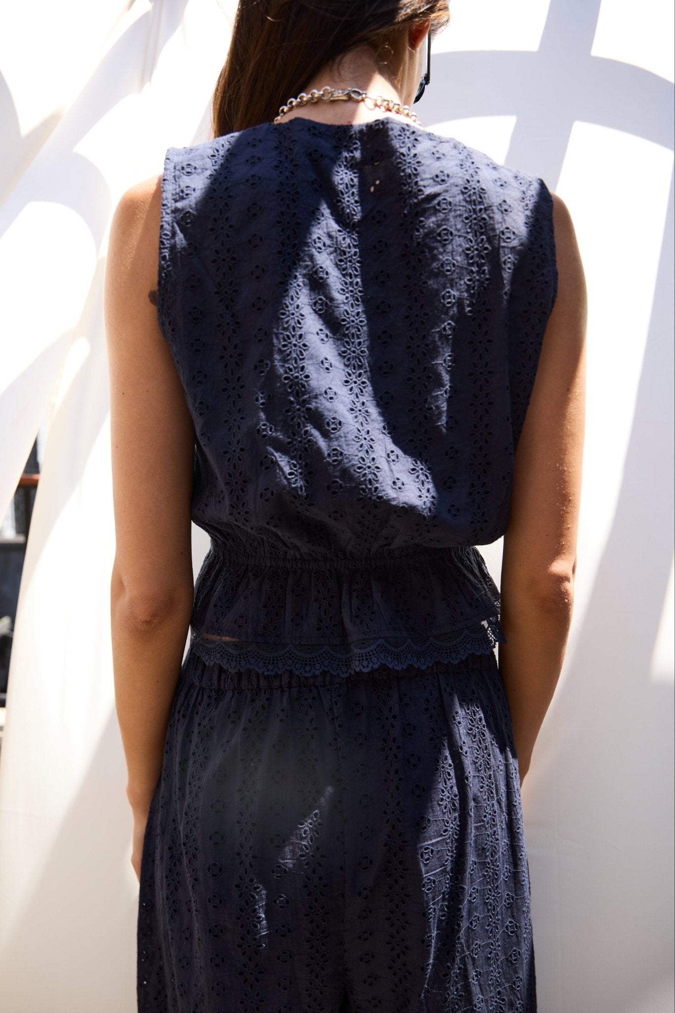 Clo Peplum Top Eyelet - Navy - Zandra Stone
