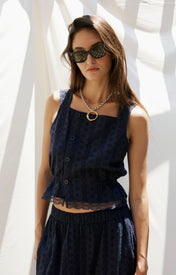 Clo Peplum Top Eyelet - Navy - Zandra Stone