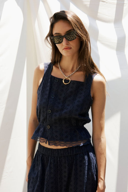Clo Peplum Top Eyelet - Navy