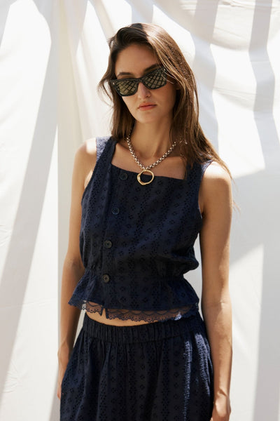 Clo Peplum Top Eyelet – Navy Cotton Eyelet Top – Zandra Stone