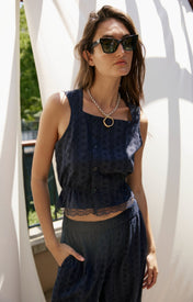 Clo Peplum Top Eyelet - Navy - Zandra Stone