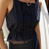Clo Peplum Top Eyelet - Navy - Zandra Stone