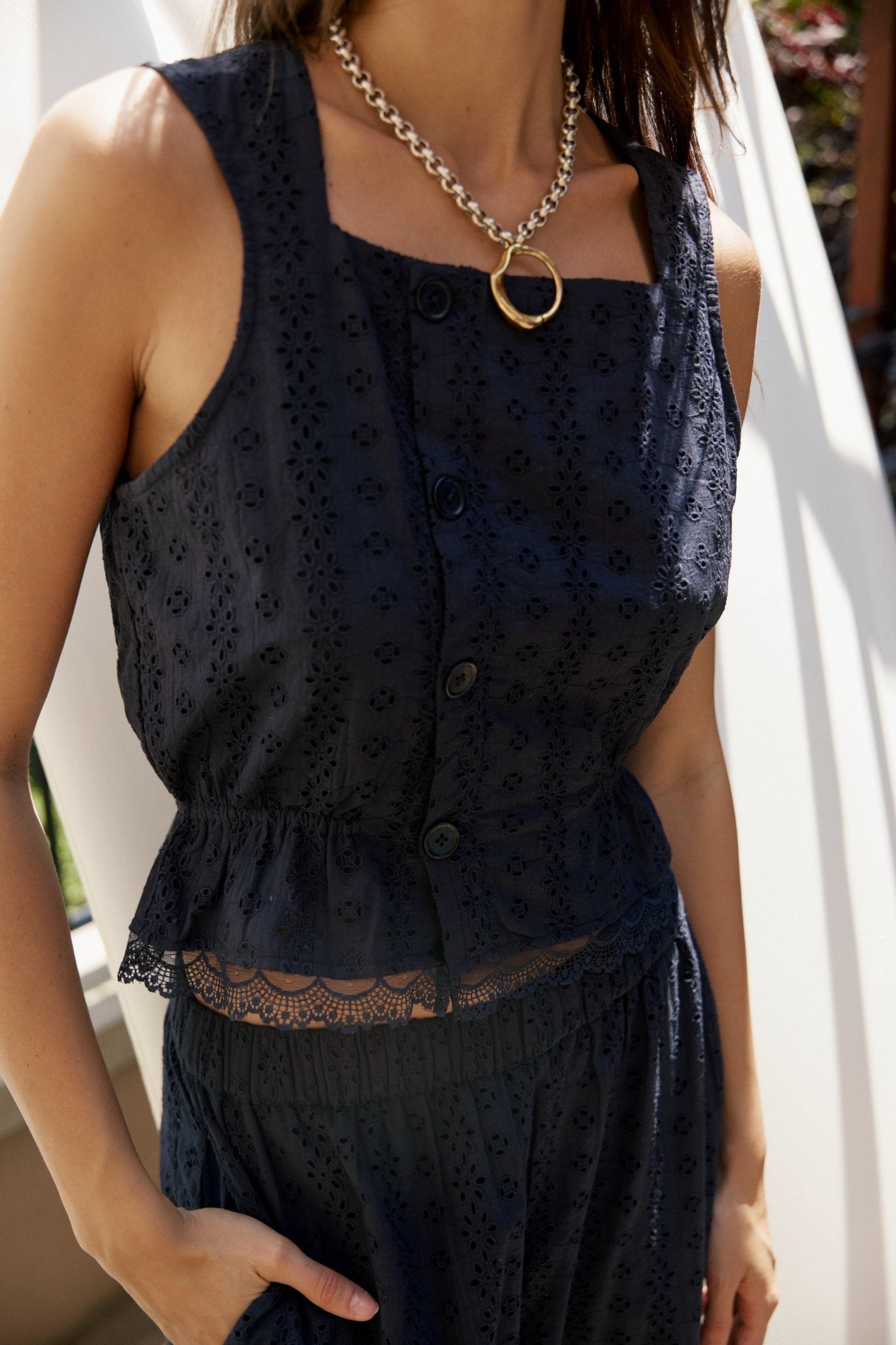 Clo Peplum Top Eyelet - Navy - Zandra Stone
