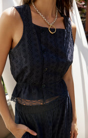 Clo Peplum Top Eyelet - Navy - Zandra Stone
