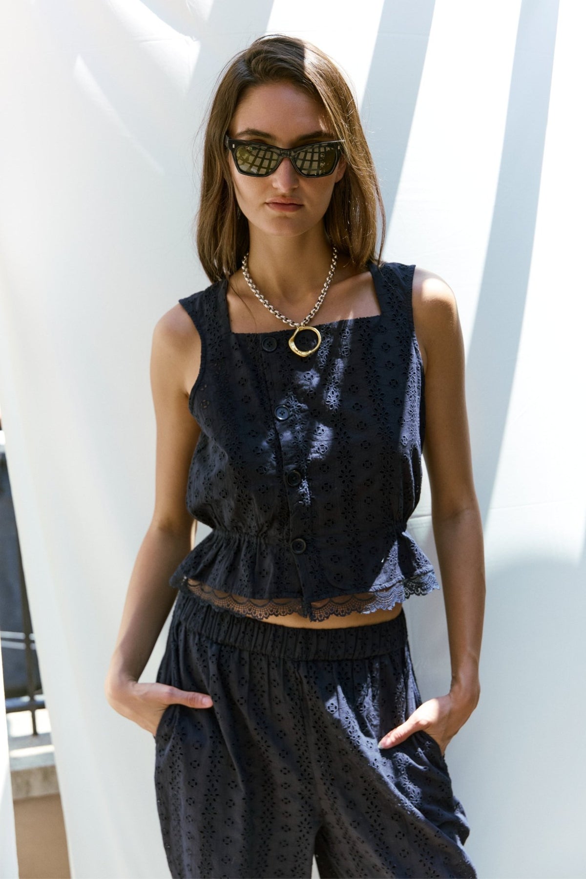 Clo Peplum Top Eyelet - Navy - Zandra Stone