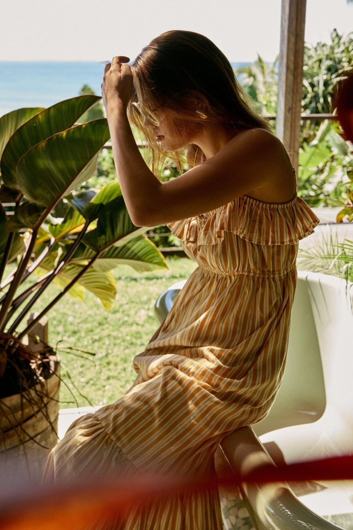 Coco Ruffle Maxi Dress - Yellow Orange Stripe - Zandra Stone