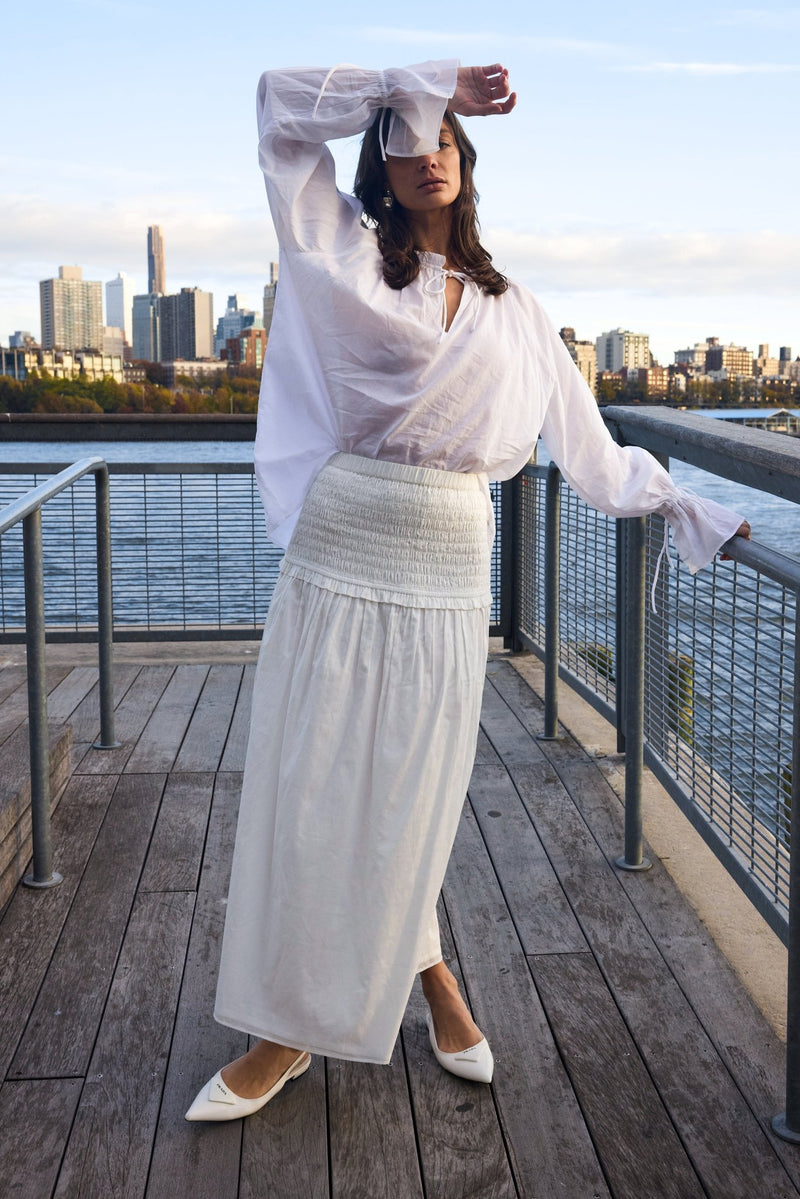 Deanie Shirred Drop Waist Skirt - White - Zandra Stone