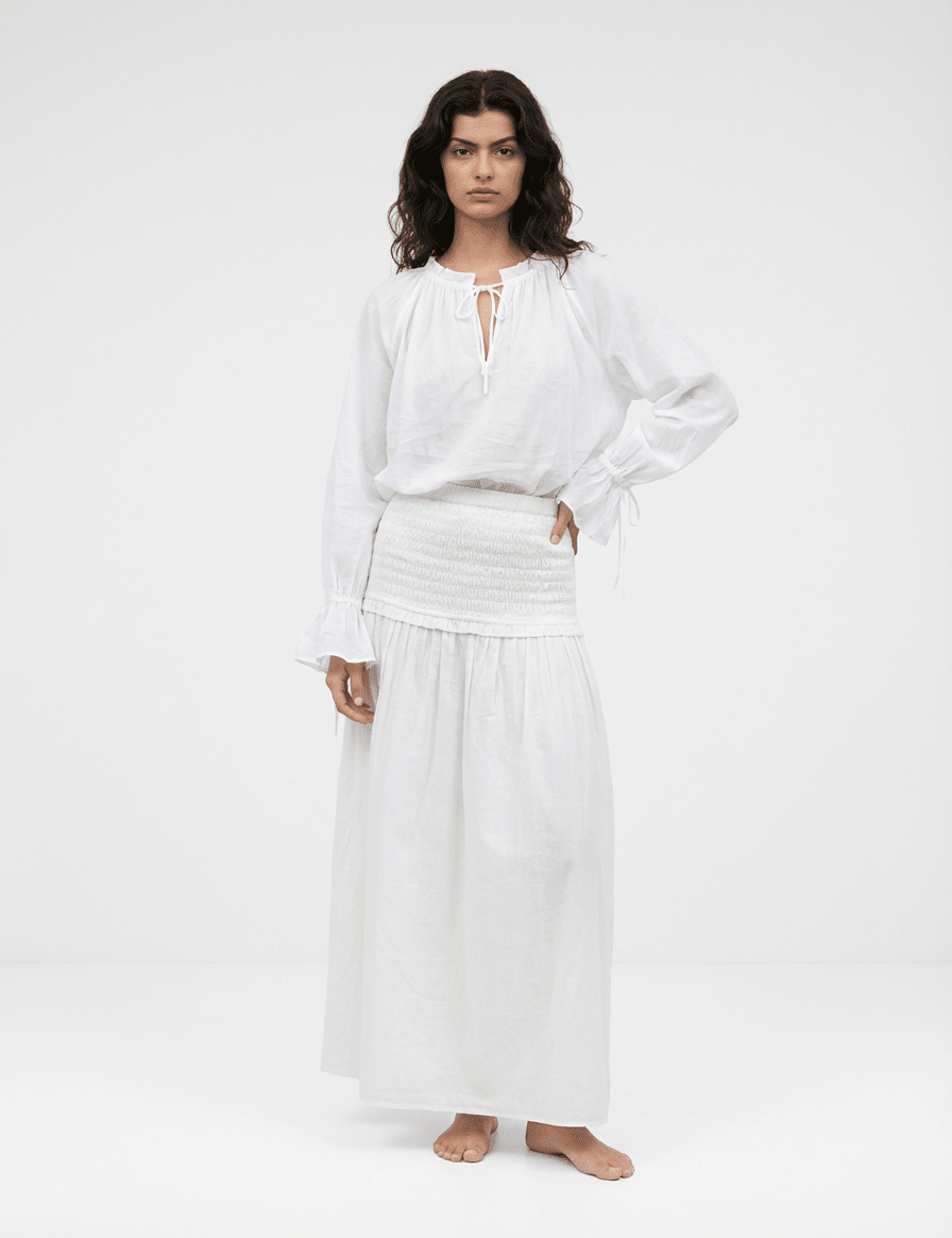 Deanie Shirred Drop Waist Skirt - White - Zandra Stone