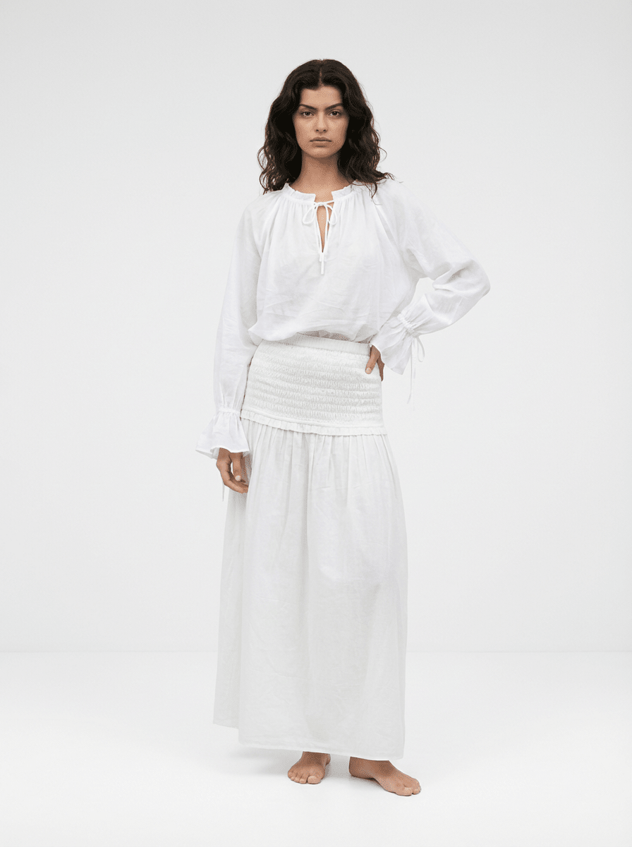 Deanie Shirred Drop Waist Skirt - White - Zandra Stone