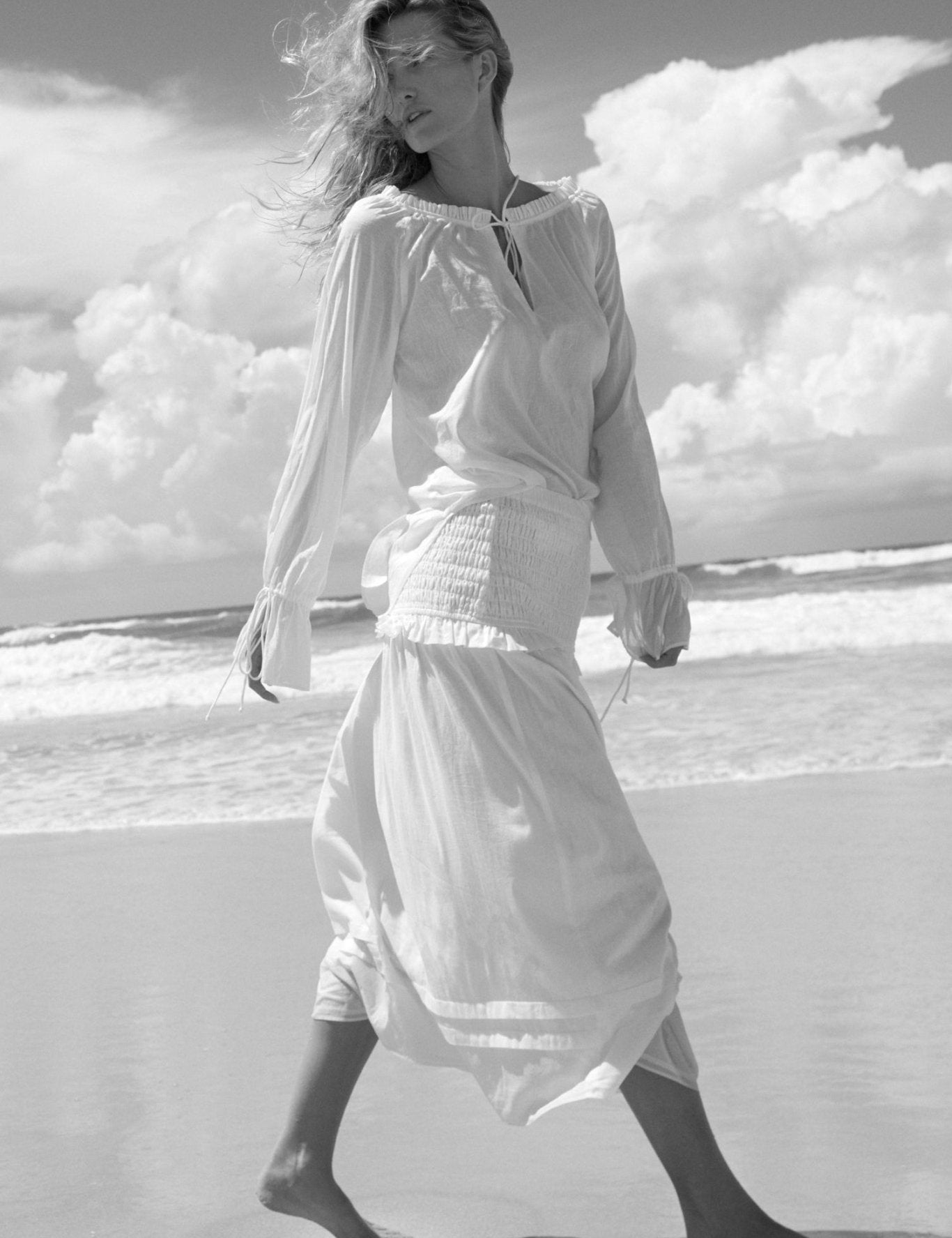 Deanie Shirred Drop Waist Skirt - White - Zandra Stone