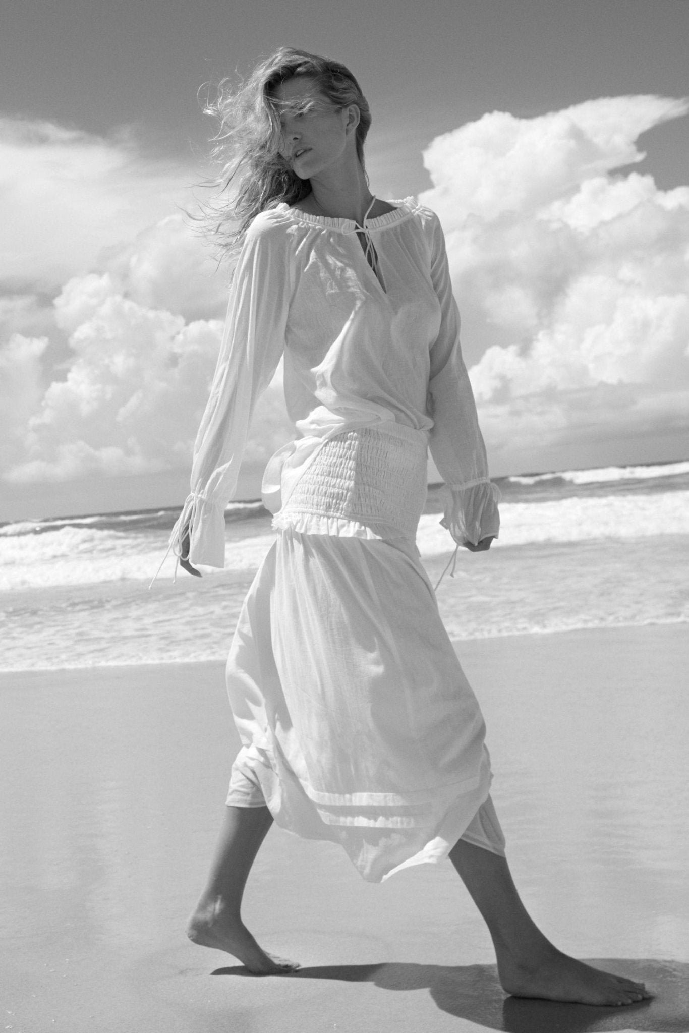Deanie Shirred Drop Waist Skirt - White - Zandra Stone