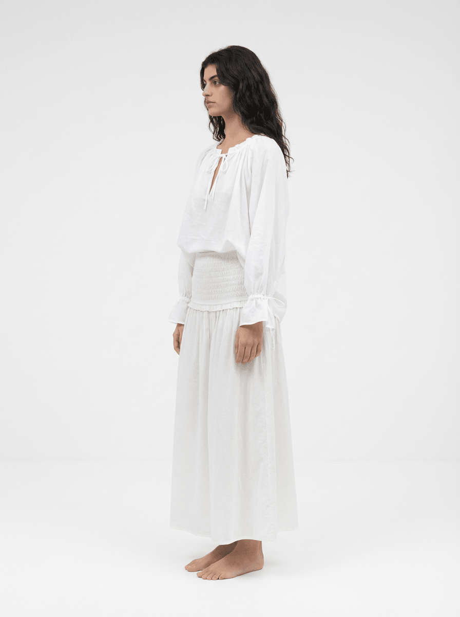 Deanie Shirred Drop Waist Skirt - White - Zandra Stone