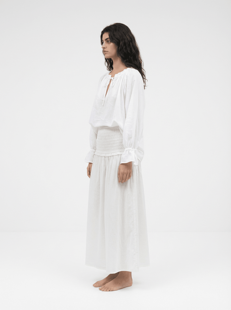 Deanie Shirred Drop Waist Skirt - White - Zandra Stone