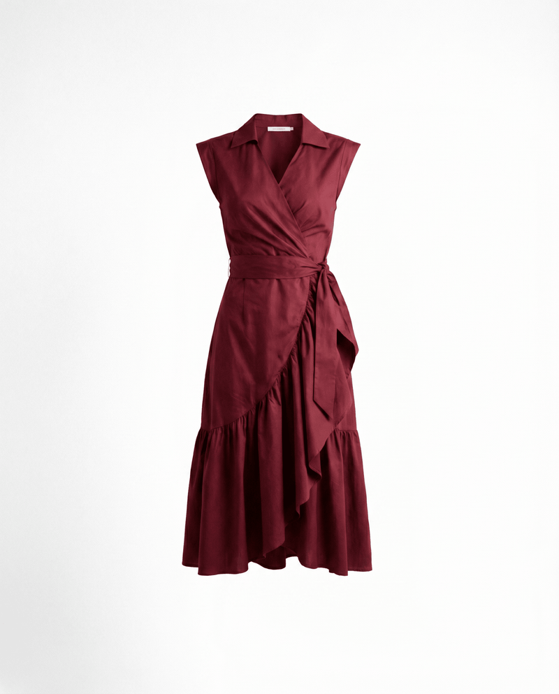 Diana Ruffle Wrap Dress - Maroon - Zandra Stone