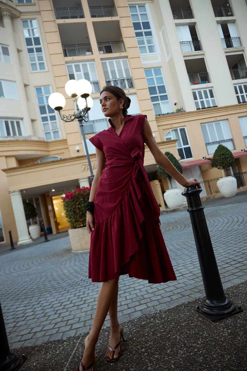 Diana Ruffle Wrap Dress - Maroon - Zandra Stone