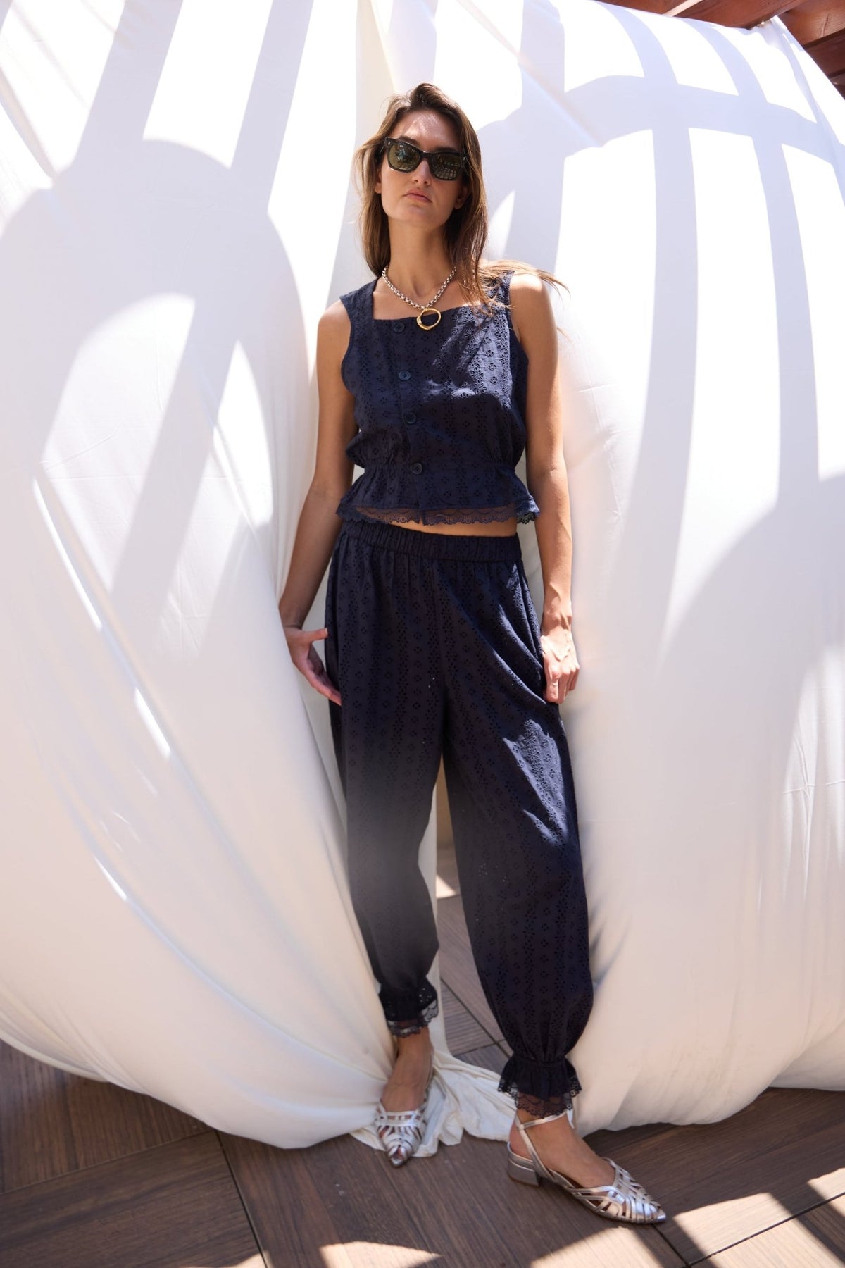 Ethen Balloon Pant Eyelet - Navy - Zandra Stone