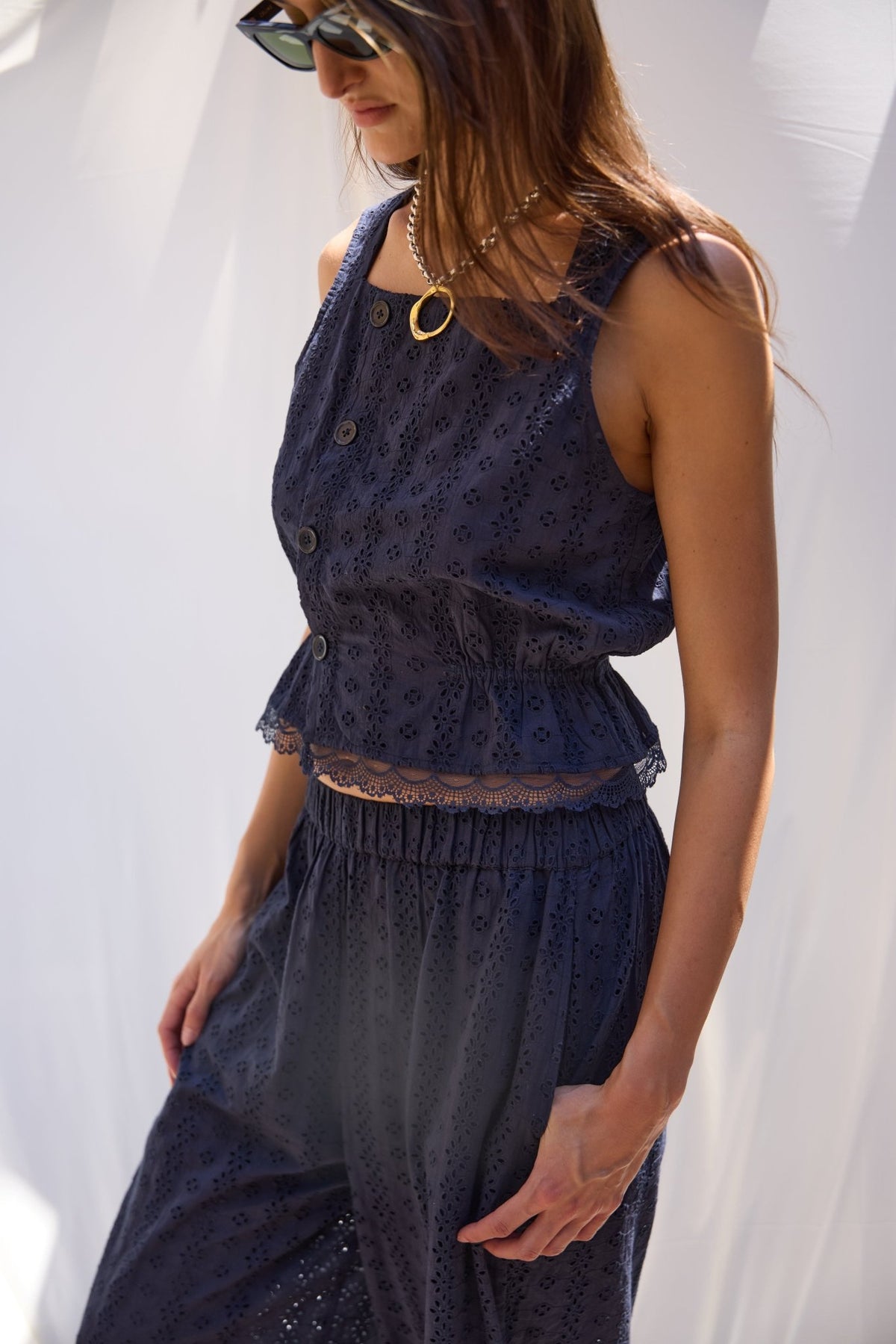 Ethen Balloon Pant Eyelet - Navy - Zandra Stone
