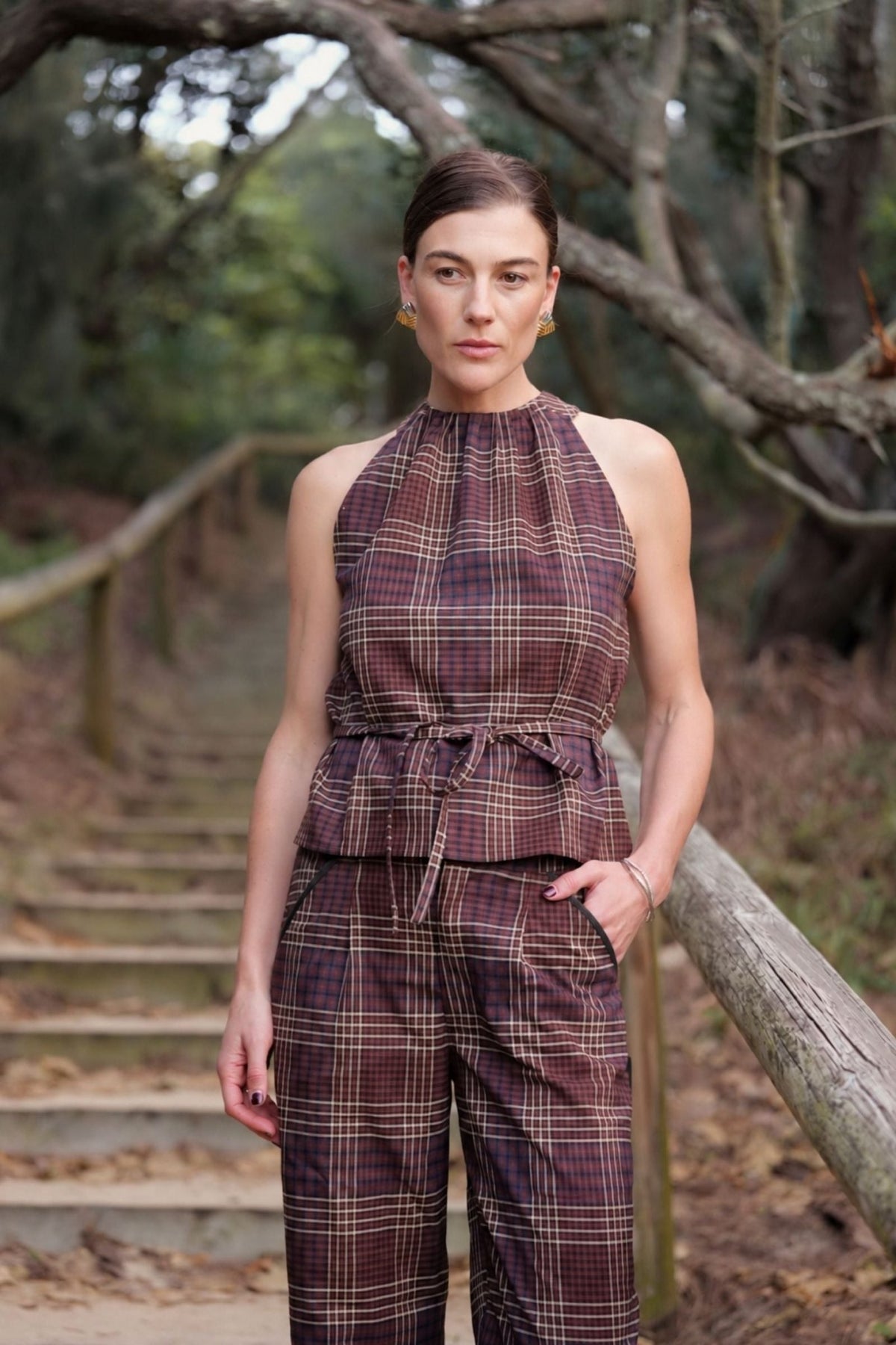 Hardy Plaid Halter Top - Brown Plaid - Zandra Stone