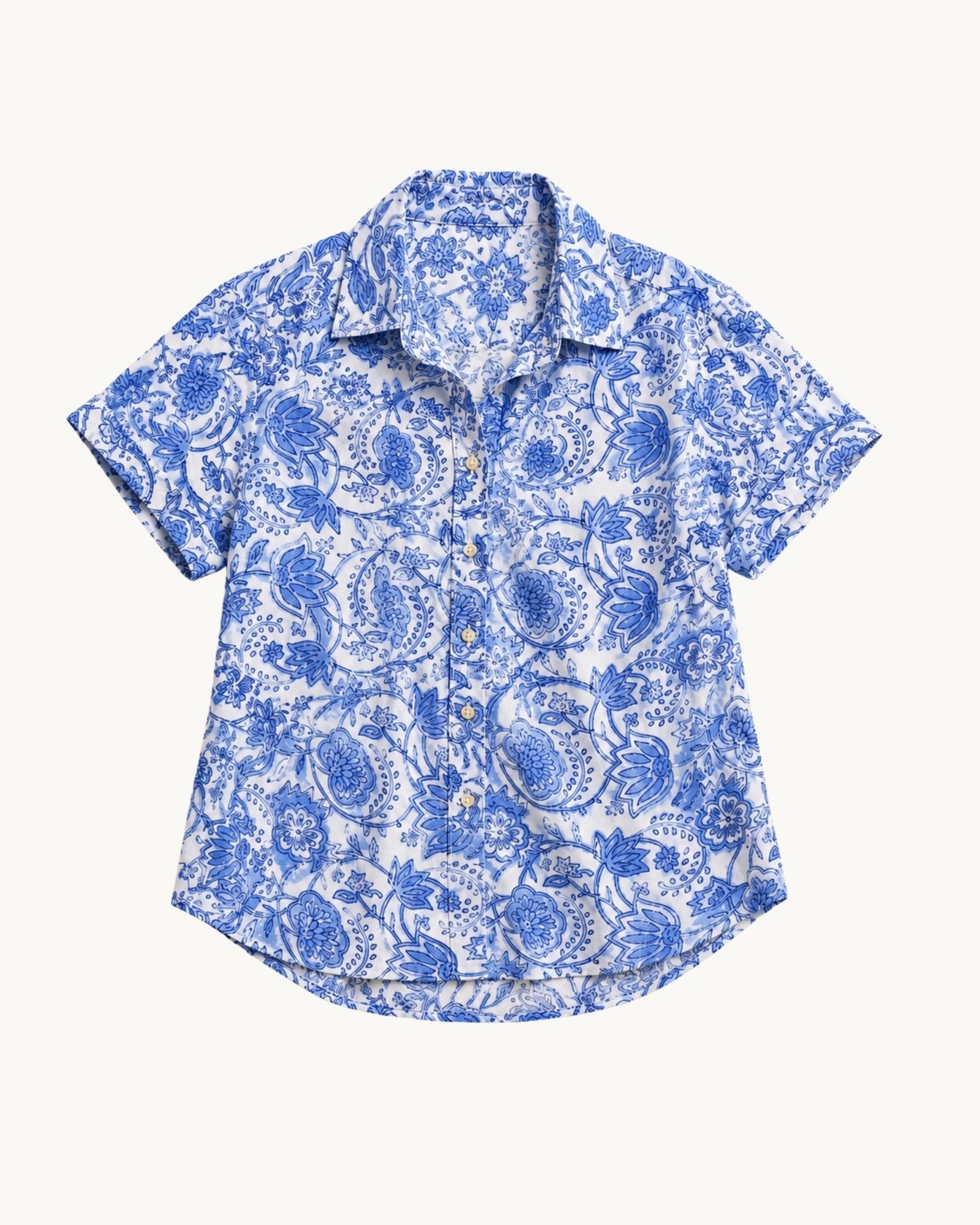 Isla Short Sleeve Button Down Shirt - Blue Botanical Print - Zandra Stone
