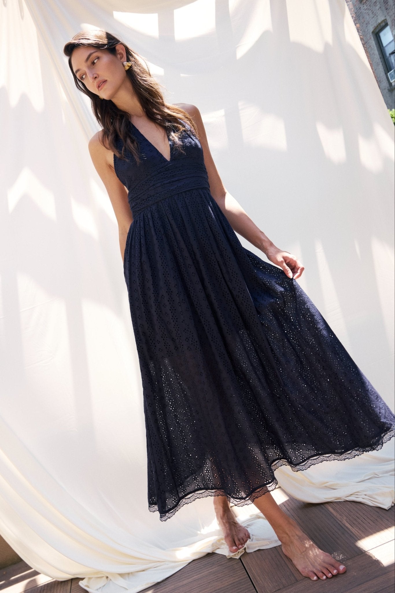 Puna Halter Dress Eyelet - Navy - Zandra Stone