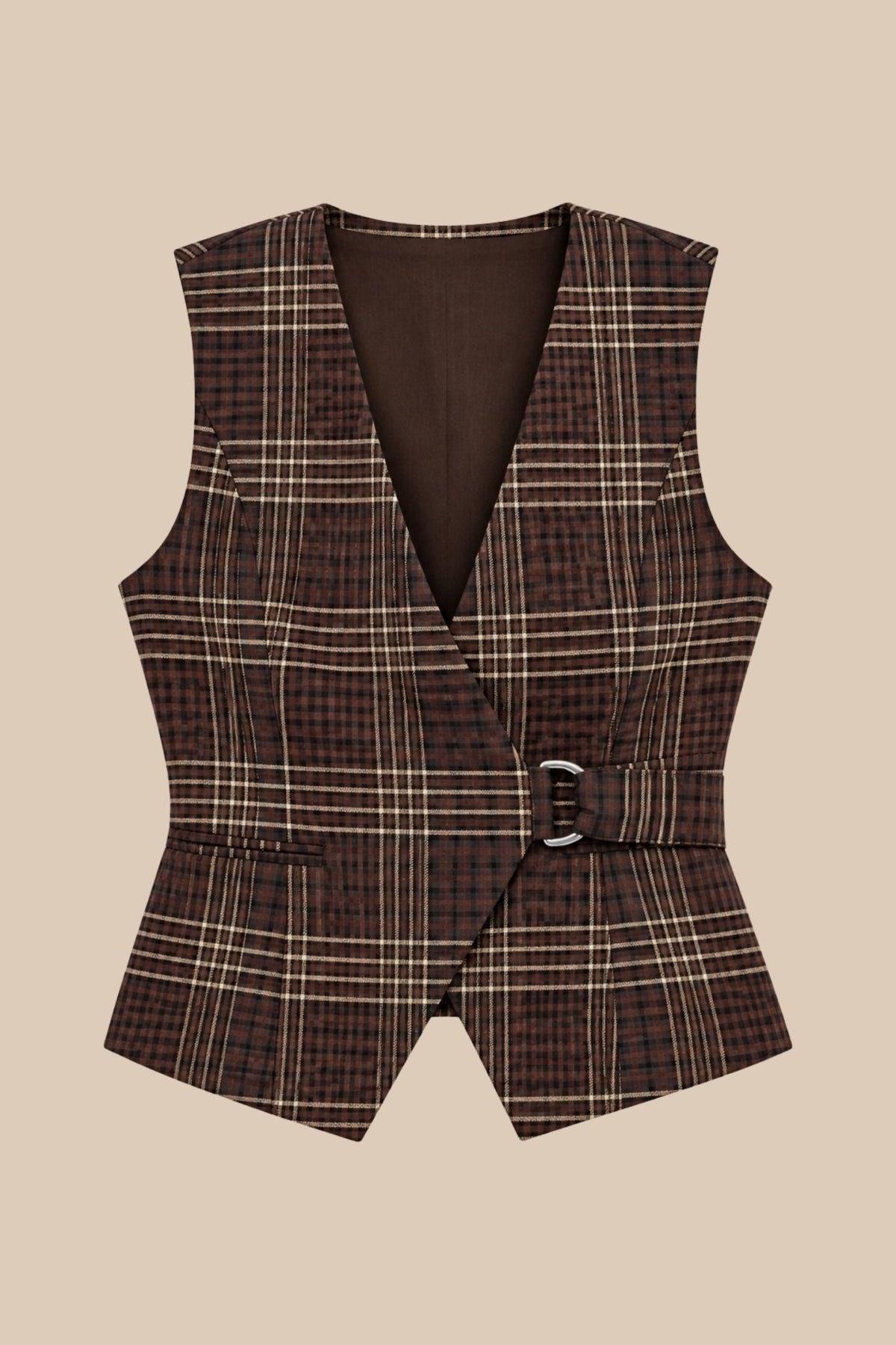 Tullerina Wrap Plaid Vest -Brown Plaid - Zandra Stone