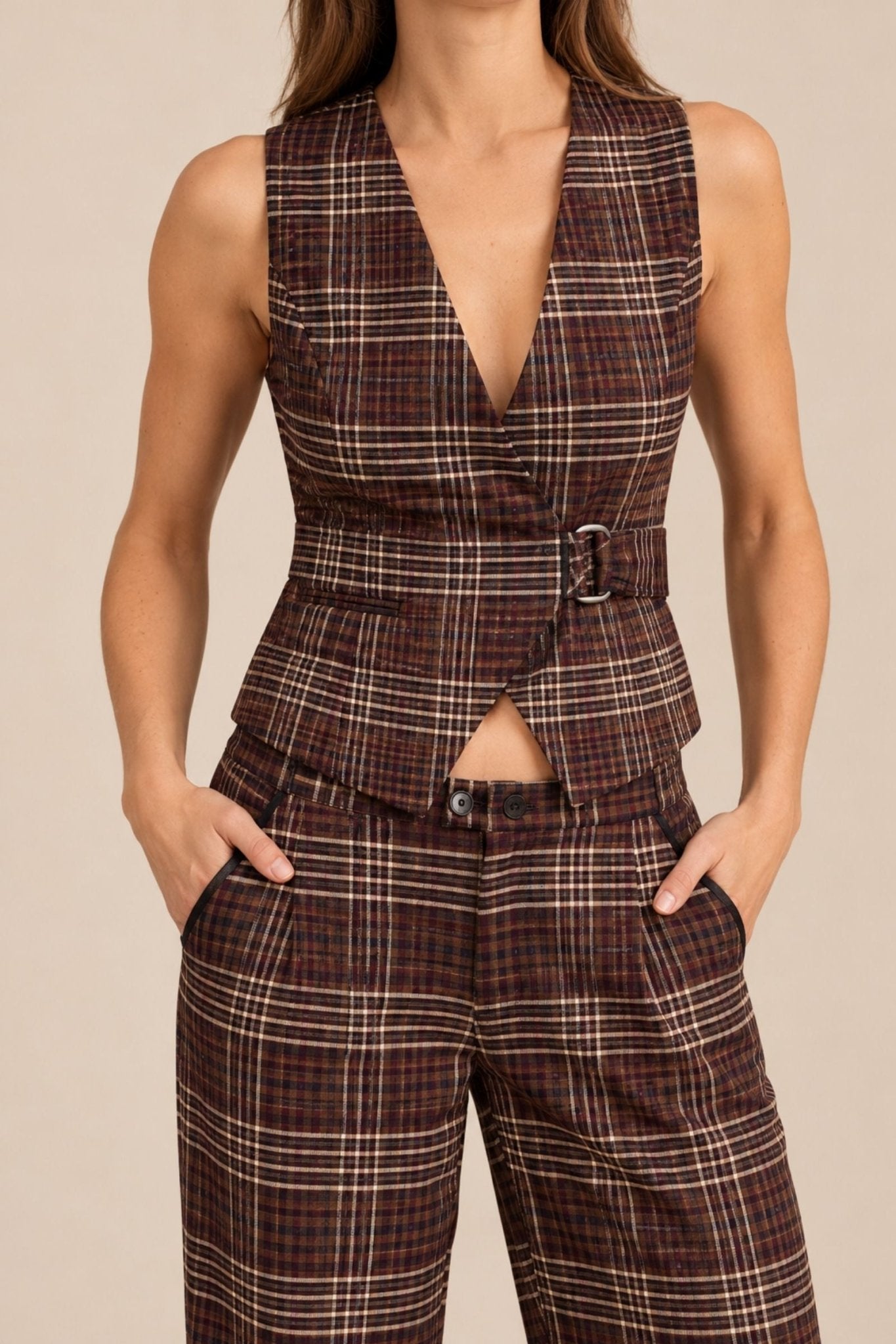 Tullerina Wrap Plaid Vest -Brown Plaid - Zandra Stone