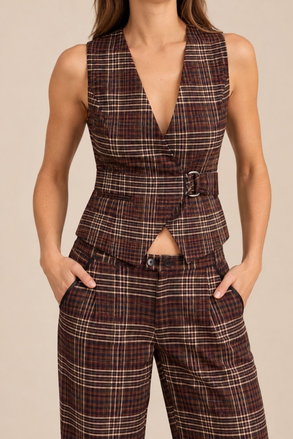 Tullerina Wrap Plaid Vest -Brown Plaid - Zandra Stone
