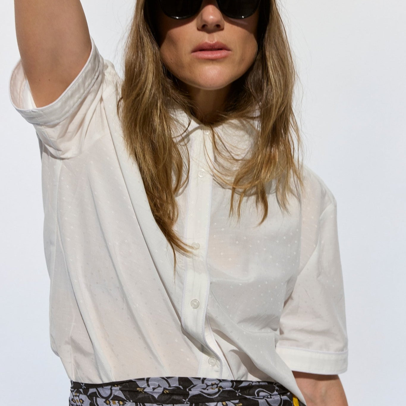 White Silk Jacquard Short Sleeve Button Down Shirt - Zandra Stone