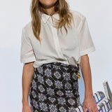 White Silk Jacquard Short Sleeve Button Down Shirt - Zandra Stone