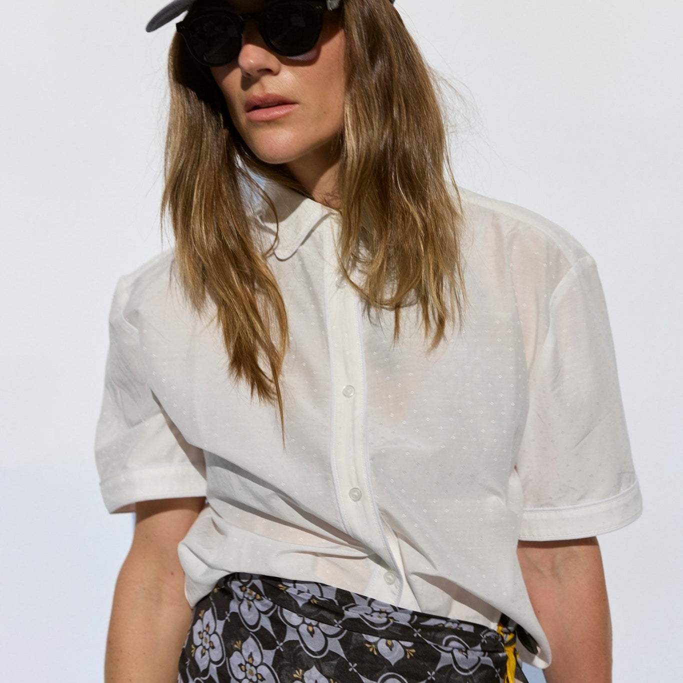 White Silk Jacquard Short Sleeve Button Down Shirt - Zandra Stone