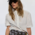 White Silk Jacquard Short Sleeve Button Down Shirt - Zandra Stone